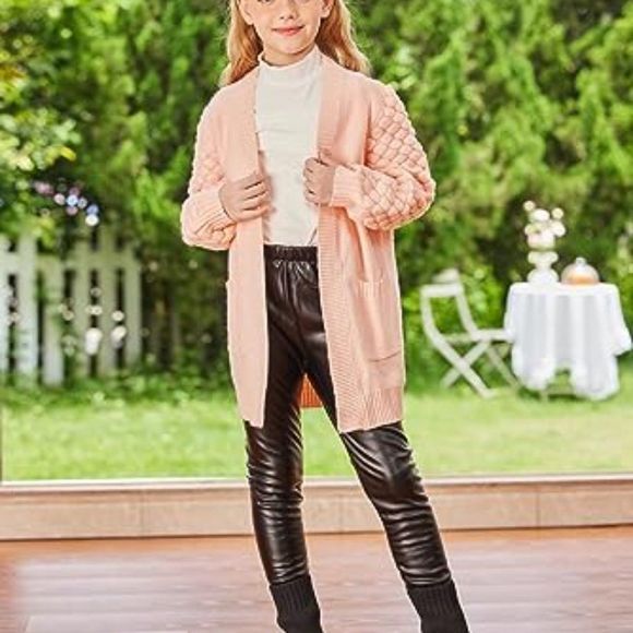 Girls Cardigan Long Open Front Pom Pom Knit Sweater with Pockets School Uniform - Picture 6 of 6